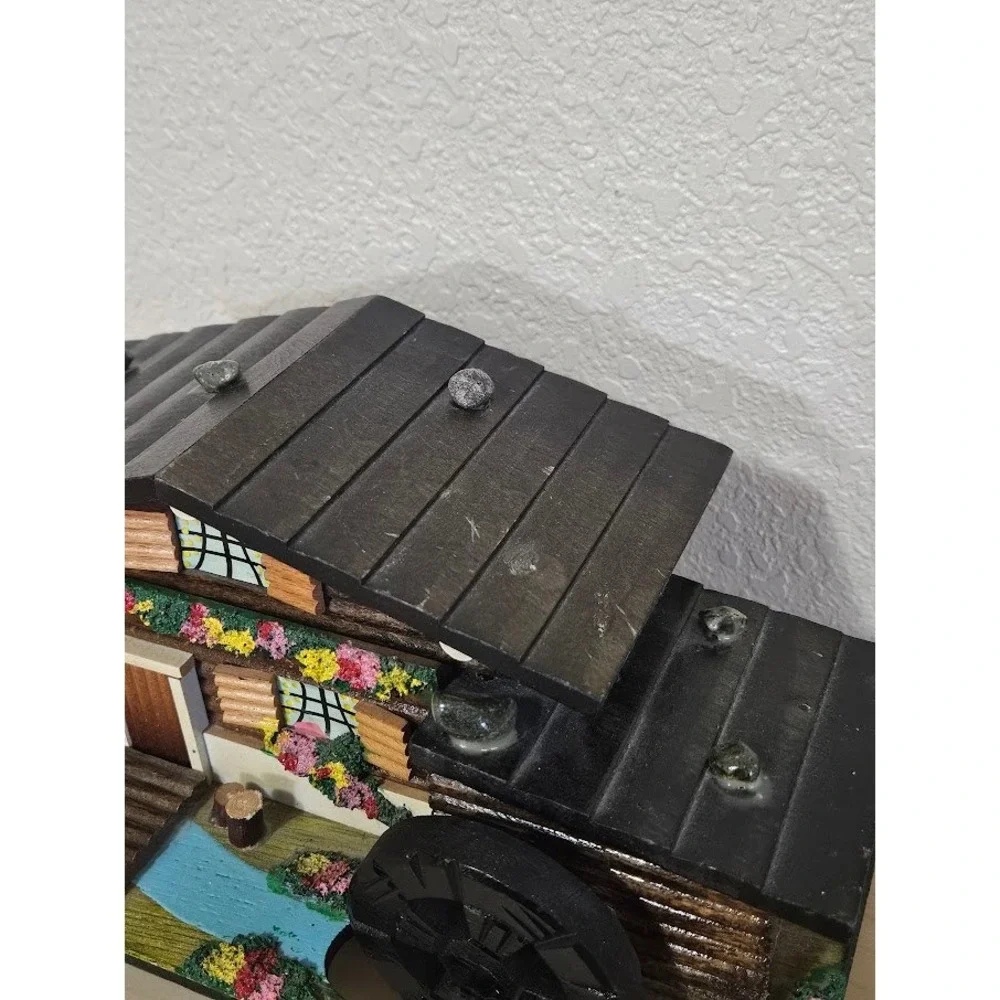 Vintage Japan Wood Chalet Music Box Water Wheel Alpine Cabin Jewelry Box Mirror
